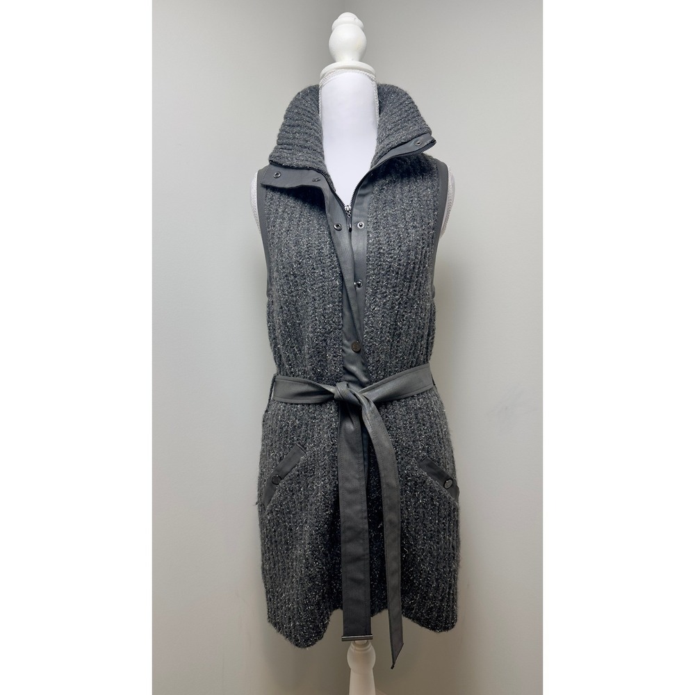 White House Black Market Grey Metallic Knit Longline Belted Sweater Vest‎ Small - Picture 2 of 9